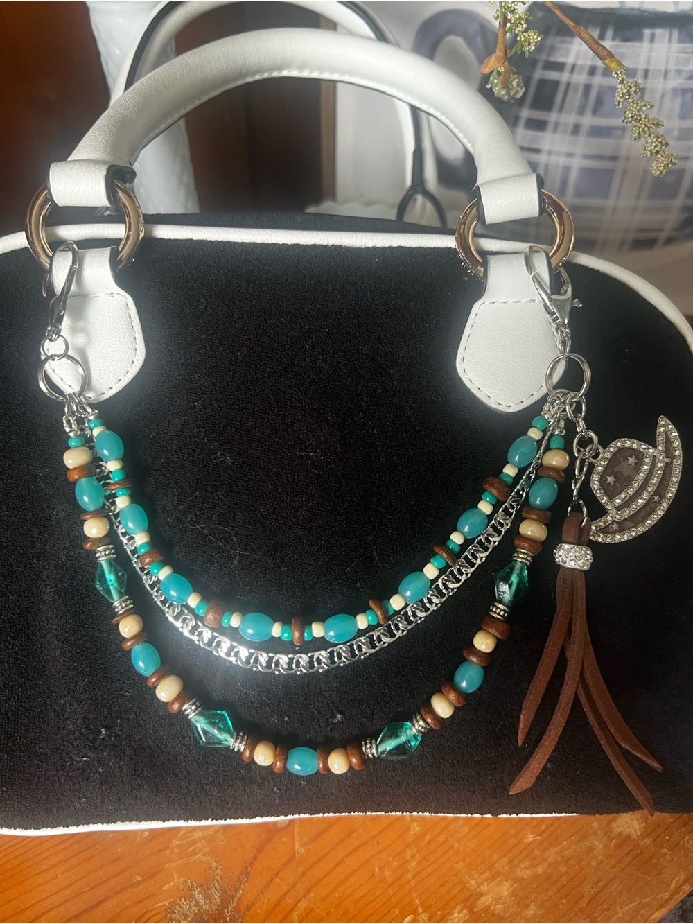 Turquoise & Brown Beaded Bag Jewelry with Tassel and Chain